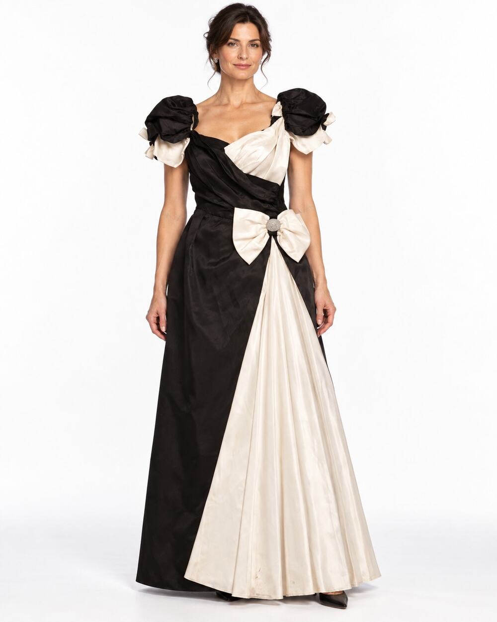 Vintage 1980s Custom Black Ivory Satin Evening Gown Bow Size 8-10